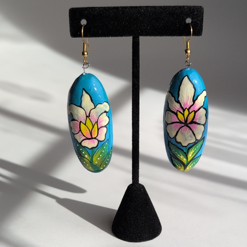 Hand Painted Floral orchid Earrings Chunky Colorful Tropical